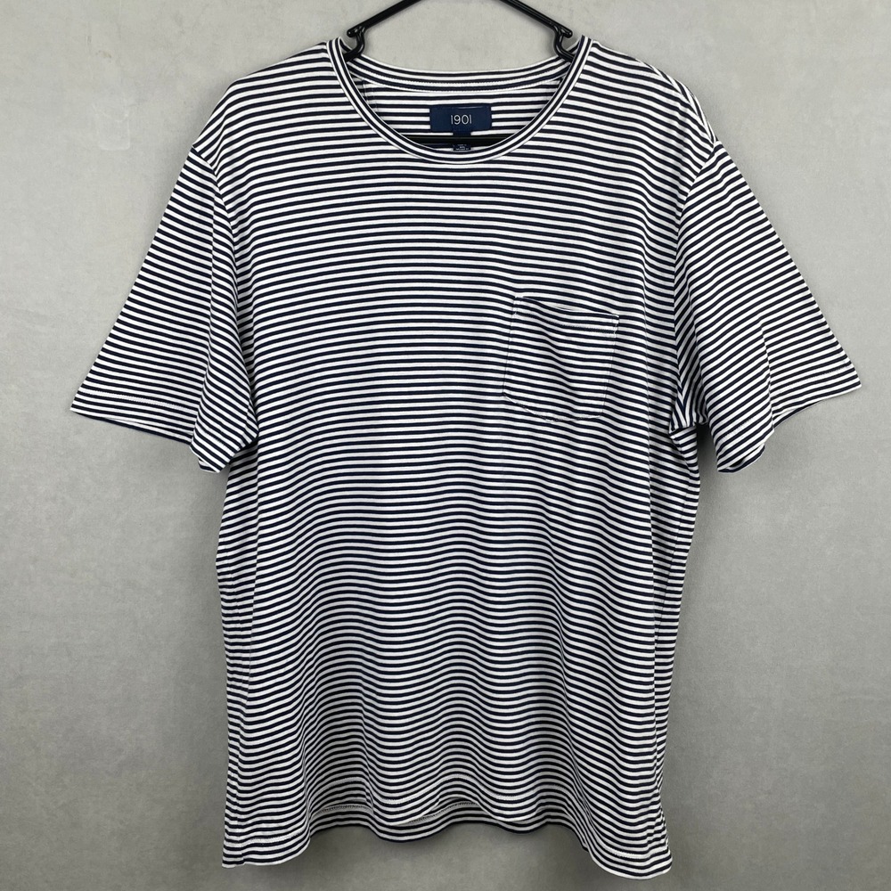 1901 Nordstrom Mens Navy White Striped Pima Cotton Pocket T-Shirt Preppy Basic L
